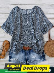 【Plus Size】All Over Print Ruffle Layered Sleeve Blouse, Casual Ruffle Hem Chic Short Sleeve Round Neck Top for Daily Wear, Women's Plus Clothing for All Seasons, Womenswear, Clothes for Women, Summer Tops