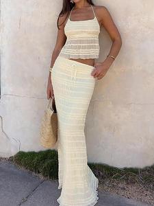 Women's Solid Halter Backless Top & Skirt Two-piece Set, Casual Fashion Cozy Two Piece Outfits for Daily Outdoor Wear, Ladies Clothes for Summer