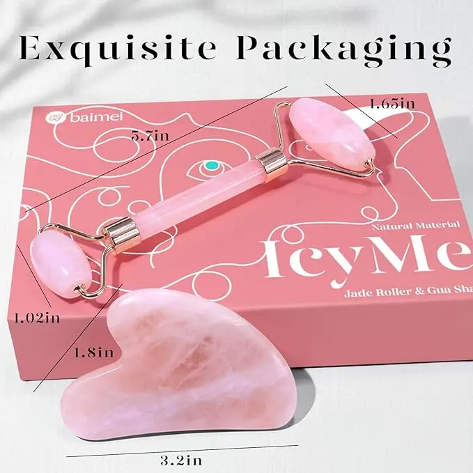 Gua Sha & Jade Roller,Guasha Tool face, Self Care Gift for Women and Men, Massager for Face, Eyes, Neck Care, Skin Care Gifts - Rose Quartz 4