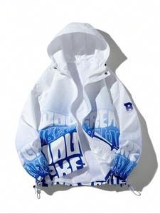 Men's Ombre Letter Print Zip Up Hooded Jacket, Loose Casual Long Sleeve Drawstring Pocket Button Front Outerwear for Spring & Fall, Fashion Men's Clothes for Daily Wear, Jackets for Men