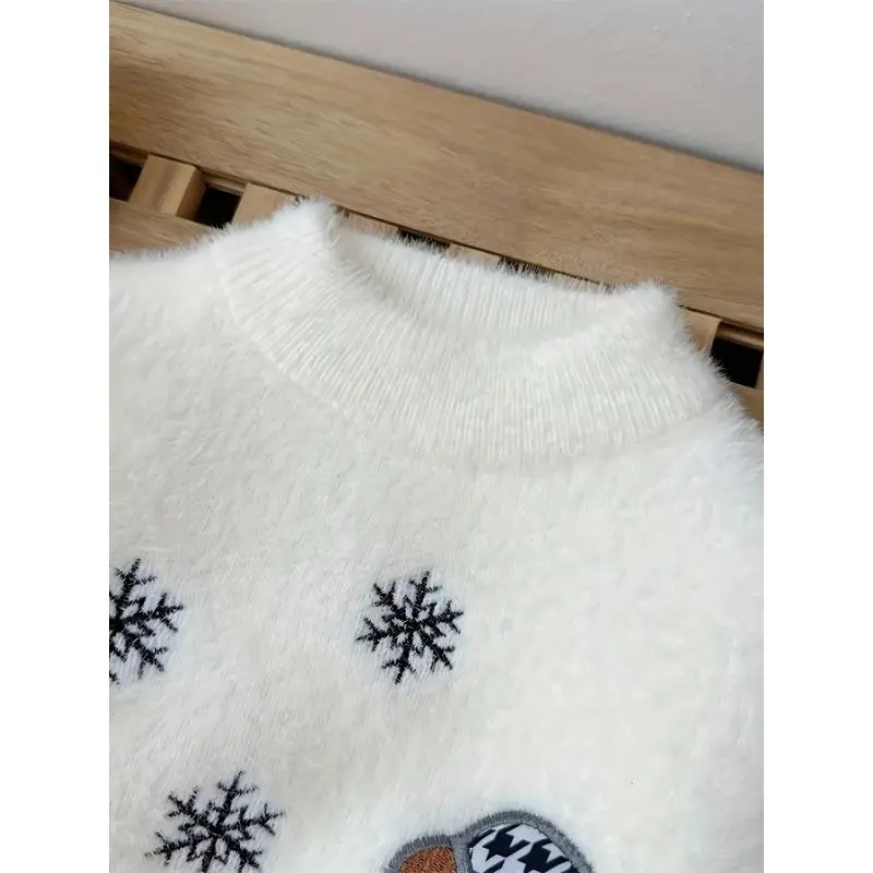 Girls' Imitation Mink Plush Sweater - High Neck Floral Print Pullover with Snowflake Design & "None So Happy’s Day" Text, Cozy Winter Knit Top for Youngsters, Hand Wash Only, Sweaters for Girls, Youngsters's Winter Wear,Soft Texture Fabric 5