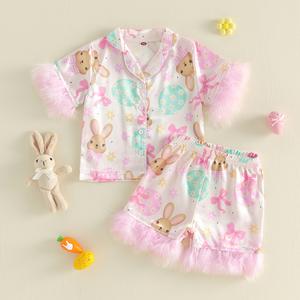 Easter Kids Girls Pajamas Set, Eggs Rabbit Print Short Sleeve Turn-down Collar Tops with Shorts Sleepwear