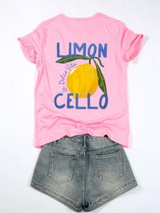 Women's Lemon & Letter Print Round Neck Tee, Casual Short Sleeve Crew Neck T-Shirt for Summer, Fashion Women's Top for Daily Wear
