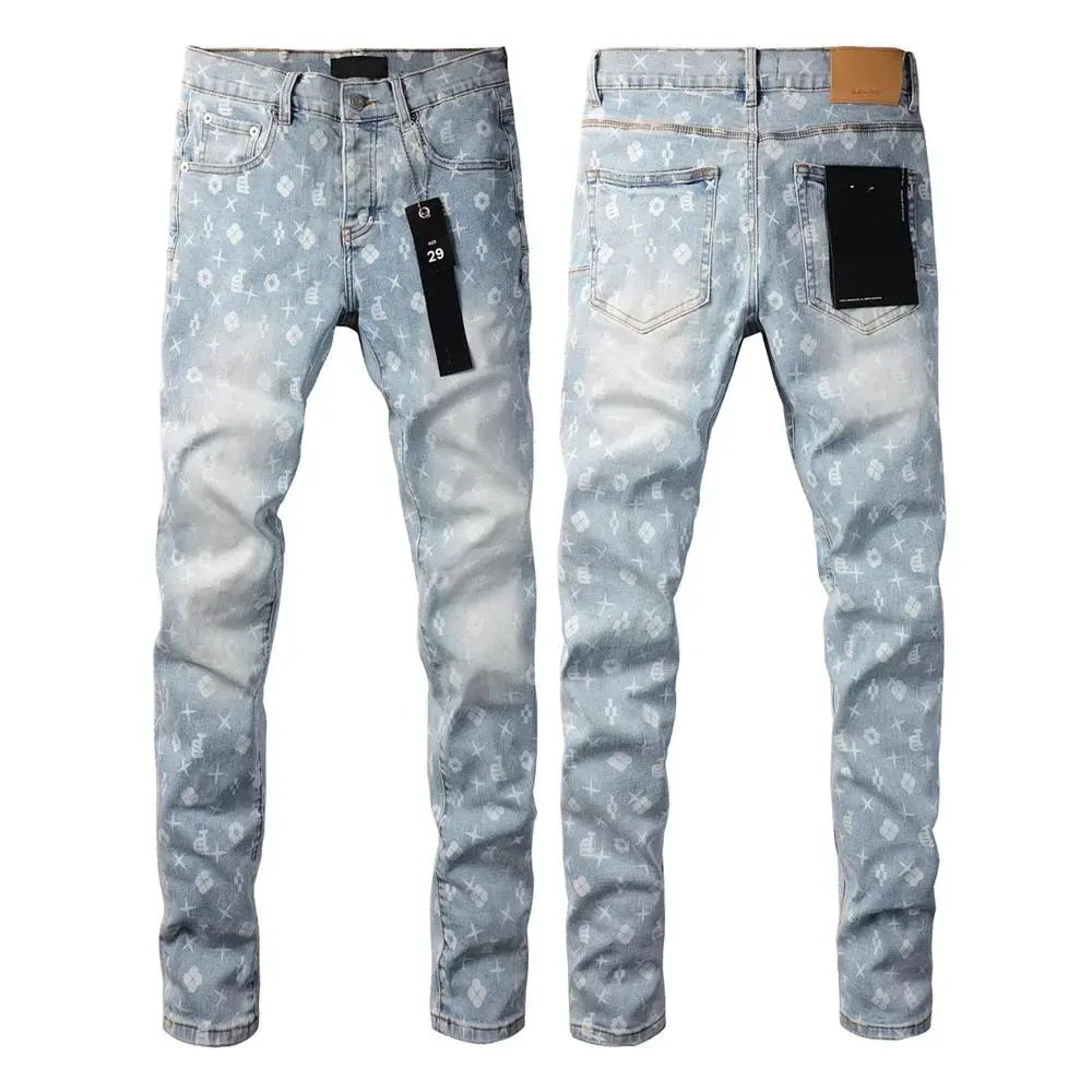 Purple jeans Trendy trend Brand Light Blue letters print Repair Low Raise Elastic Skinny Denim pants