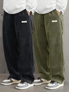 Men's Solid Color Letter Patched Drawstring Waist Corduroy Pants, Casual Comfy Straight Leg Trousers for Fall & Winter, Men's Bottoms for Daily Wear