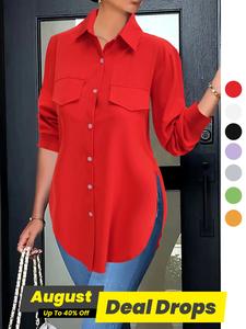 Women's Plain Button Front Split Hem Shirt, Fall Clothing Women, Casual Basic Long Sleeve Collared Top for Spring & Fall, Women's Longsleeves Clothing for Daily Wear, Tops for Women, Go Out Tops, Casual Fashion Chic Womenswear Everyday