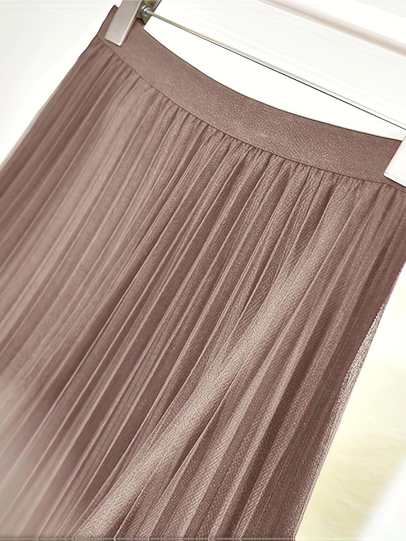 Product Introduction of Polly Pocket Skirt Women'S Chic A-Line Pleated Skirt, 100% Polyester Knit Fabric, Solid Color, Elastic Waist, All-Season, Breathable Mesh Lining, 24g/m² - Elegant Midi Skirt 1