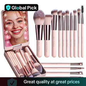 Travel Makeup Brush Set With LED Light Mirror 14Pcs Brushes includes Foundation Powder Concealers Eye Shadows Makeup brushes(with Typ-C charging data cable)
