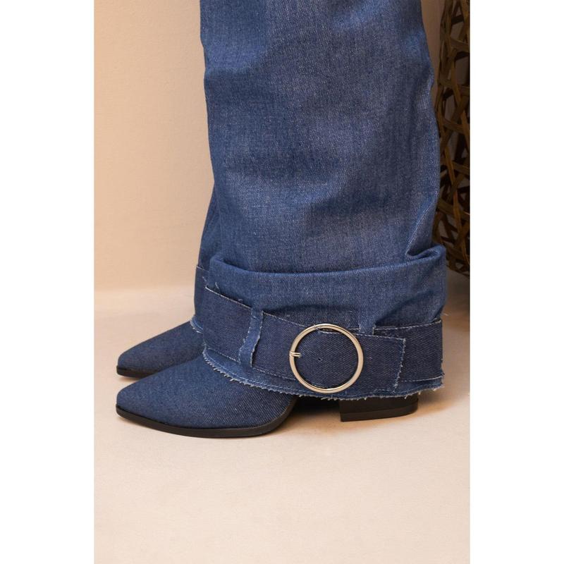 Denim Blue Fold Over Knee High Buckle Western Boots Girl Walking Shoes 1