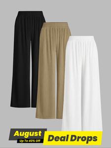 Women's Solid Textured Elastic Waist Wide Leg Pants, Fashion Basic Comfy Loose Trousers for Daily Wear, Back To School Ladies Bottoms for All Seasons, Vibrant Pants Women, Trousers for Women, Womenswear, Casual Trendy Versatile Chic Bottoms