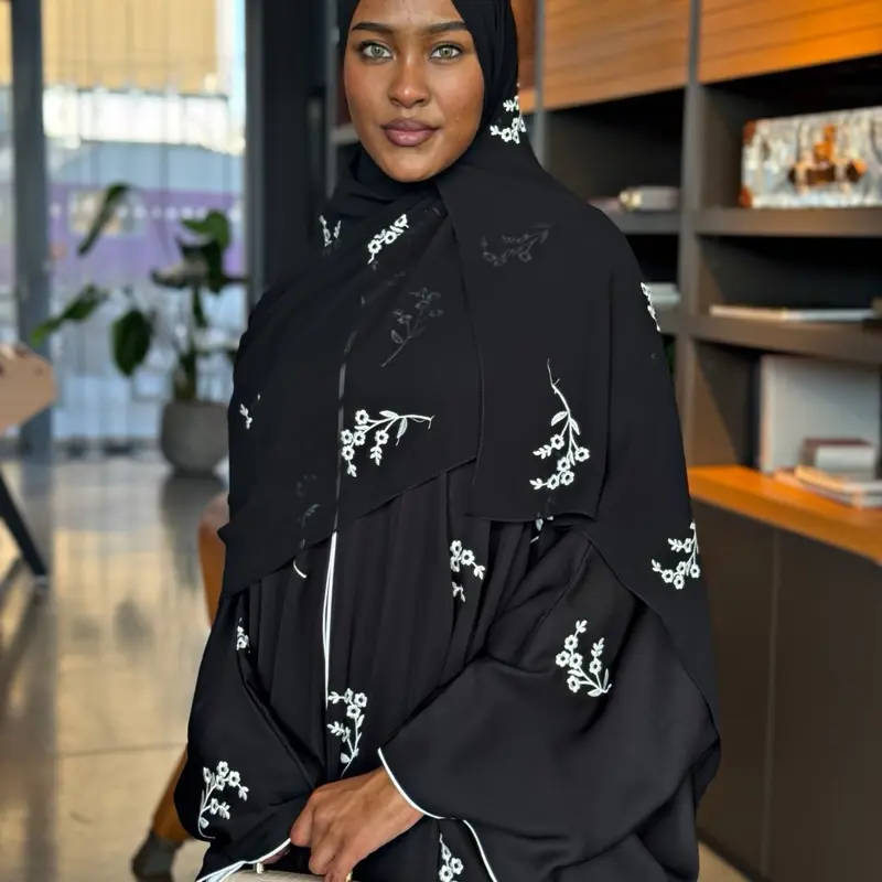 ABAYATOPIA Gulnaaz Black Embroidered Closed Butterfly Abaya with Internal Belt and Matching Hijab 4