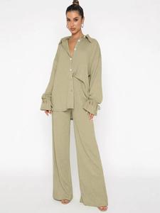 Women's Minimalist Casual Plain Suits Set without Cami Top, Lady Button Front Collared Flounce Sleeve Shirt Tops for Women & Pants Autumn Co Ord Sets for Women, 2 Piece Women Set, Airport Outfits, Modest Outfits, Autumn Outfits, Womenswear, Loose Fit Set