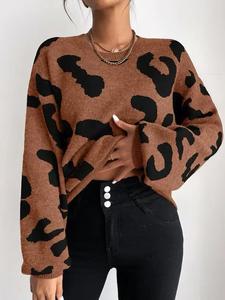 Women's Leopard Print Drop Shoulder Sweater, Casual Long Sleeve Round Neck Jumper for Fall & Winter, Women's Knitwear for Daily Wear， Sweater Weather