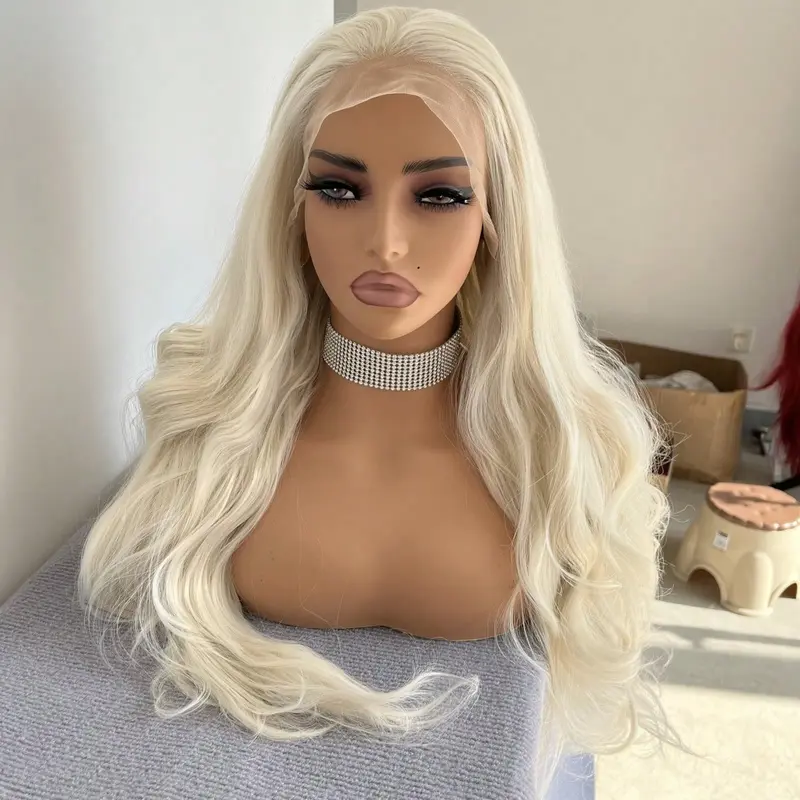 Natural Hairline Women Party Daily Wear Long Wavy Bleach Blonde Soft Glue Less Wig Synthetic Hair Layered Pre Plucked 13X4 Inch Large Area Lace Frontal Wigs 3