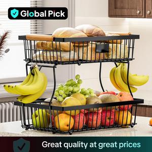 Kitchen Fruit & Vegetable Storage Rack, 2-layer Metal Storage Multipurpose Basket with Hook, Multifunctional Storage Rack for Kitchen & Bathroom, Food Storage Organizer, Kitchen Cabinet Organizers, Wire Storage Basket, Kitchen Accessories