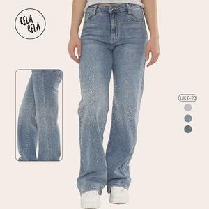 RELA RELA Women's Blue Viral Stretchy Mid-Waist Sparkle Rhinestone Scatter Detailed Wide Leg Jeans UK 6-20 Casual Denim Womenswear