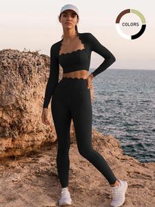 Two-Piece Set Women's Solid Color Crop Top & Leggings Sports Set, Casual Fashion Breathable Sportswear Set for Yoga Gym Workout Running, Ladies Sportswear for All Seasons