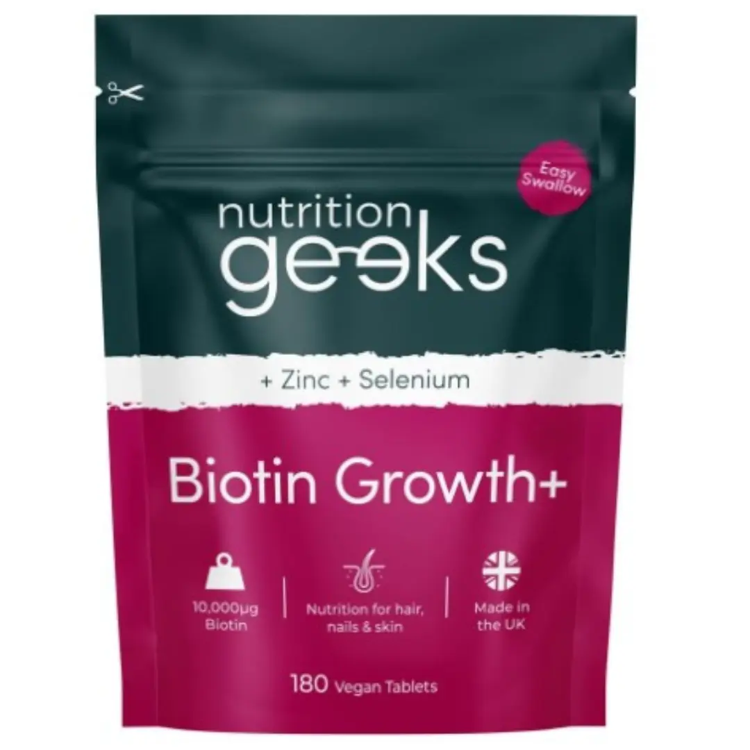 Nutrition Geeks Biotin Hair Growth Supplement - 180 Tablets Enhanced with Zinc & Selenium, Hair Vitamins Complex - Biotin 10000 mcg - Vegan, Hair Skin and Nails Vitamins for Women & Men UK nutr fol