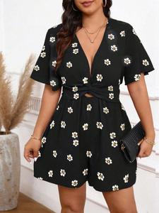 Women's Floral Print Rompers, Fitted Elegant Fashion Casual Shortsleeve Rompers for Daily Outdoor Wear, Women Fitted Clothes for All Seasons, Womenswear, Casual Comfy Romper