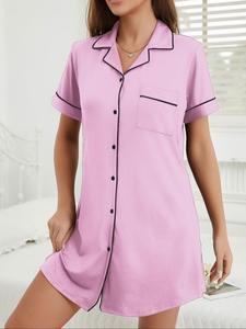 Women's Solid Color Button Sleep Dress, Basic Casual Comfy Short Sleeve Nightgown for Summer, Ladies Sleepwear for Indoor Wear, Loungewear