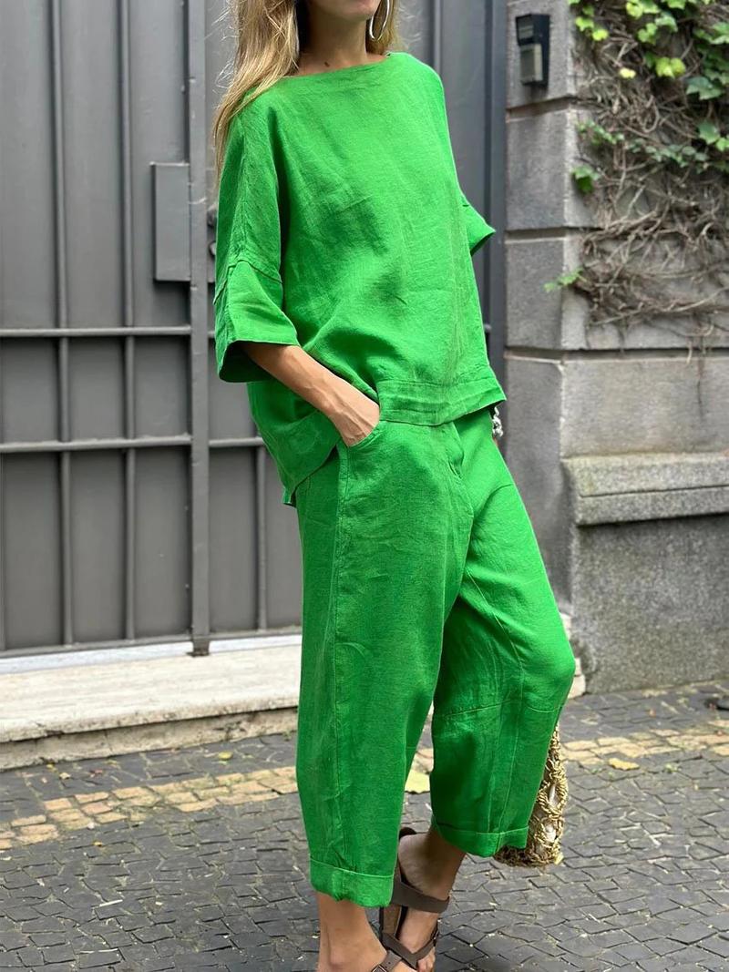 Product Introduction of Fashion Cotton Linen Women Suit Casual Half Sleeve O Neck Top And Loose Pocket Pants 2 Piece Set 2025 Spring Summer Sets Female 3