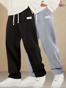 Men's Solid Color Letter Patched Drawstring Waist Sweatpants, Loose Casual Comfy Pocket Straight Leg Trousers for Summer, Fashion Men's Bottoms for Daily Wear