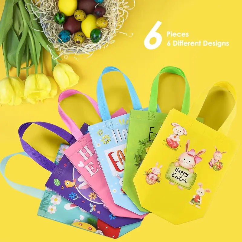 Easter Gift Bags for Kids, 6 Easter Bunny Egg Bags Non-Woven Reusable Bag with Handles for Kids Egg Hunt Party Supplies (6 PCS) 4
