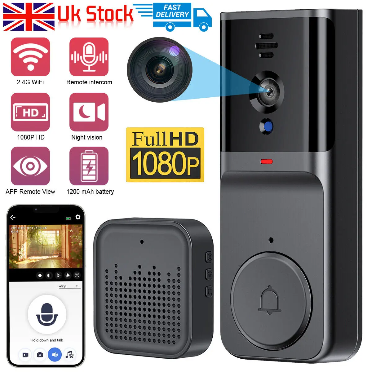 Smart Wireless Wi-Fi Doorbell 1080P HD Security Intercom Video Camera Door Bell