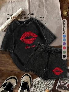 Two-Piece Set Women's Lip Print Short Sleeve Tee & Shorts, Casual Round Neck T-shirt & Shorts for Daily Wear, Ladies Summer Clothes, Suits