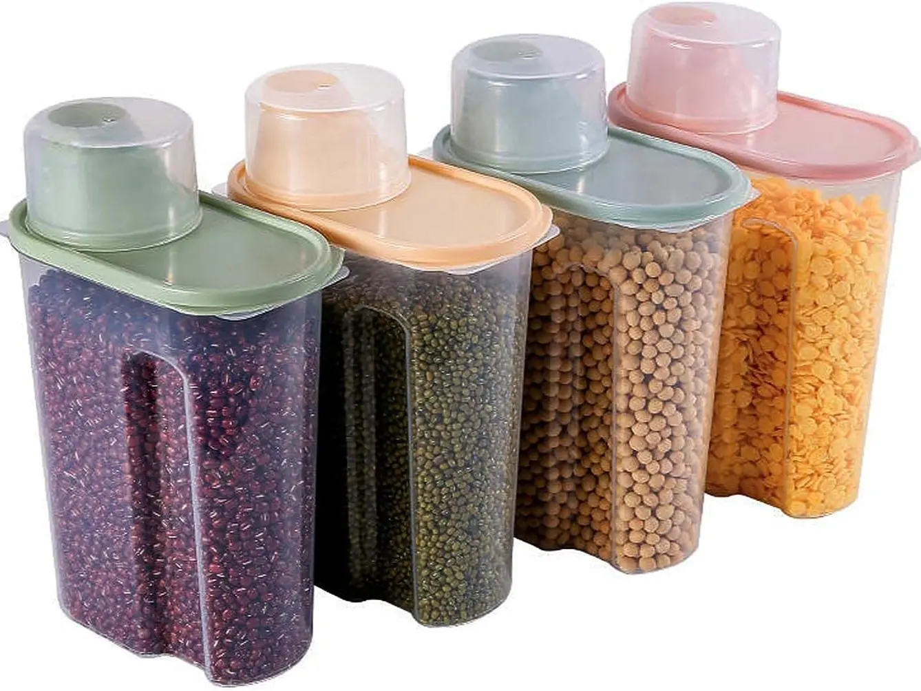 4PCS Cereal Storage Containers 2.2L Airtight Food Storage Container with Spout for Kitchen Plastic Dry Food Dispenser Containers with Measuring Cup for Cereals Rice Pet Food Dry Food Lid Set Silicone Utensils Bpa Canister Tin Bottles