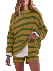 Two-piece Set Women's Striped Print Drop Shoulder Sweater & Shorts, Casual Long Sleeve Round Neck Jumper & Shorts for Spring & Fall, Fashion Cozy Women's Two-piece Outfits for Daily Wear