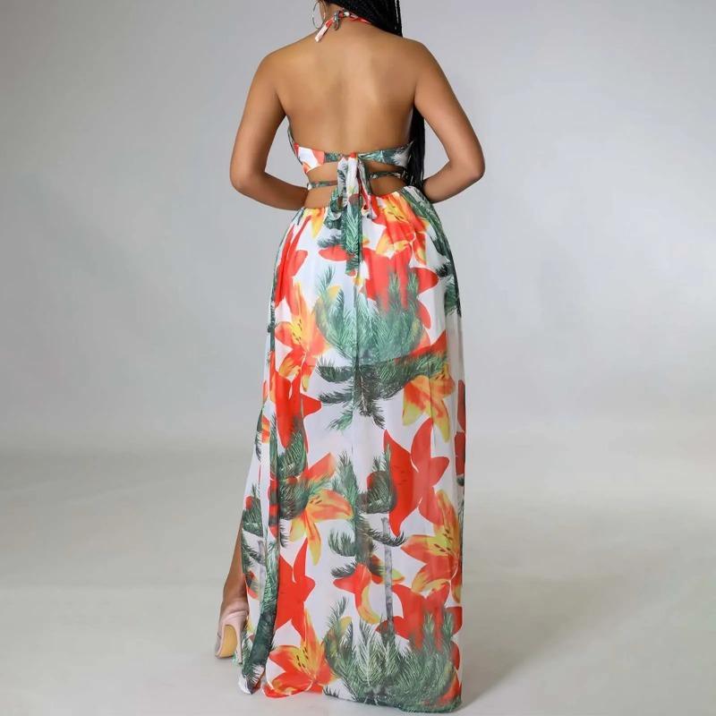 Floral Print Maxi Dress For Women Stylish French Halterneck Summer Dress Mid Length Camisole Dress Elegant High Split Dress 2