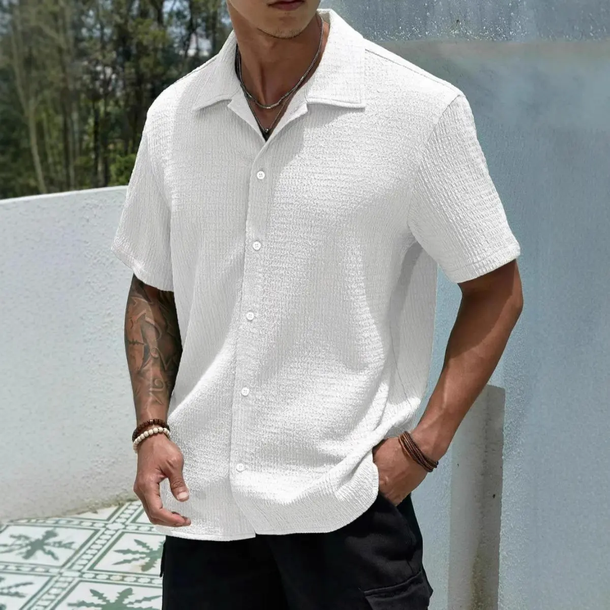 Men's Textured Button Front Shirt, Casual Regular Fit Short Sleeve Collared Top for Summer, Minimalist Basic Shirts for Men, Going Out Tops, Mens Shirts for Summer, Men's Summer Clothes for Streetwear, Menswear