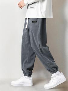 Men's Letter Patched Drawstring Waist Corduroy Pants, Loose Casual Comfy Elastic Waist Jogger Pants for Fall & Winter, Men's Trousers for Daily Wear