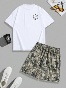 Two-Piece Set Men's Smile Face Print Short Sleeve Tee & Plaid Print Shorts, Loose Casual Round Neck T-shirt & Track Shorts, Summer Clothes Set for Men