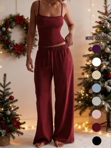 Two-Piece Set Women's Solid Color Cami Top & Pants, Casual Backless Sleeveless Top & Pants for Daily Wear, Ladies Clothes, Soft Set