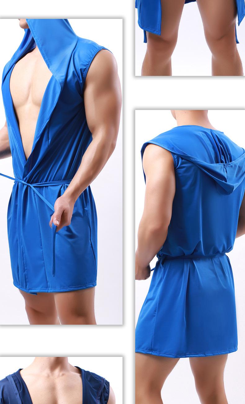 Product Introduction of European Style Men's Bathrobe Cool Milk Silky Men's Hooded Sleeveless Thin Pajama Set with Underwear 3