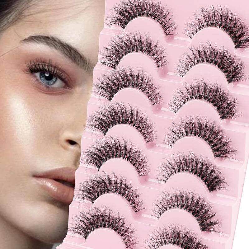 Clear Band Fluffy Lashes Kit with False Eyelashes Glue Bond and Remover Wispy Cat Eye Lashes 7 Pairs Fake Eyelashes Natural Look 3D Strip Lash Extensions Reusable Faux Mink Lashes 9