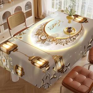Ramadan Themed Tablecloth, 1 Count Moon & Lamp Pattern Rectangular Tablecloth, Decorative Tablecloth for Home Kitchen Dining Room, Home Decor