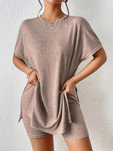 Women's Solid Split Hem Shorts Matching Set, Basic Minimalist Casual Round Neck T-shirt & Skinny Shorts, Ladies Summer Clothes for Daily Wear, Shortsleeve Womenswear, Tops Shorts Set, Loungewear, Nightwear, Soft Stretchy Homewear, Lounge Sets