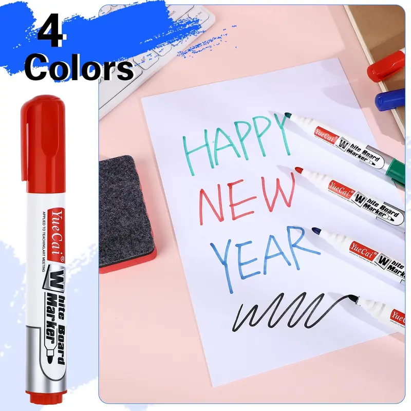 12PCS Whiteboard Pens Markers with 2PCS Magnetic Erasers, 4/12 Colors Dry Erase Markers Dry Wipe Pens for Whiteboard,Whiteboards,School,Office,Home (4 colors) 2