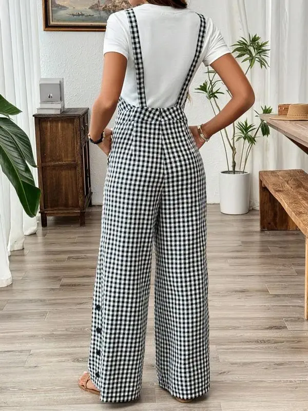 Women's Plaid Print Jumpsuit, Casual ComfyWide Leg Overalls for Daily Wear, Ladies Overallsfor All Seasons 2