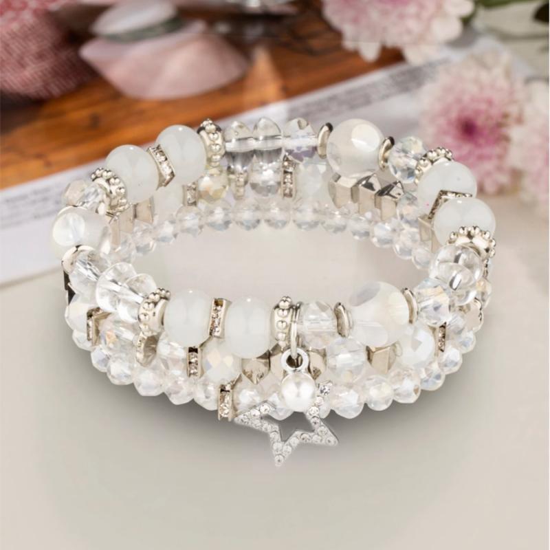 Bohemian Style 3-Piece Beads Set for Women & Silver Alloy Block Bracelet Suitable for Party and Dating, Ideal Gift 0