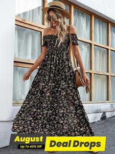 Women's Frenchy Style Boho Style Split Thigh A Line Shortsleeve Dress, Summer Casual Long Dress for Beach Vacation, Milkmaid Dress, Dresses for Women, Wedding Guest Dress, Lady Sundresses, Womenswear, Floral Print Ruffle, Casual Bohemian Dress