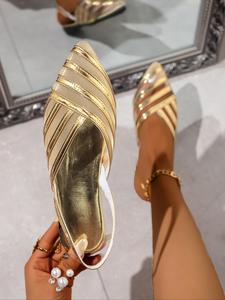 Women's Fashionable Metallic Ribbon Decorated Slide Sandals, Elegant Pointed Toe Flat Sandals for Party, Daily Clothing Decor for Women & Girls, Footwear