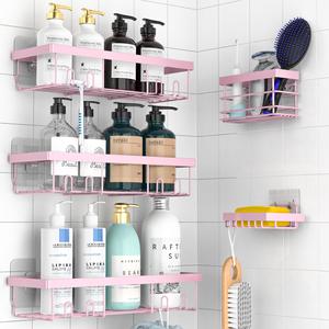 Bathroom Storage Rack Set, 5 Counts/set Wall Mounted Shower Rack, Bathroom Storage Organizer, Bathroom Essentials Accessories, Home Organizer for Bathroom, Kitchen, Living Room, Homedecor, Bathroom Accessory, Bathroom Organizer Supplies