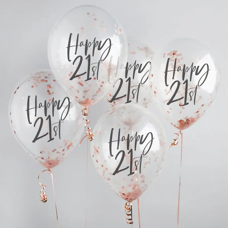 Happy 21st Rose Gold Confetti Balloons - 21st Birthday Balloons - Pack of 5 0