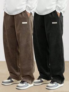 Men's Letter Patched Pocket Corduroy Pants, Casual Comfy Elastic Waist Straight Leg Trousers for Fall & Winter, Men's Bottoms for Daily Wear