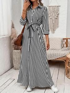 Women's Striped Print Button Front Belted Shirt Dress, Casual Long Sleeve Collared Maxi Dress for Fall, Ladies Clothes for Daily Wear
