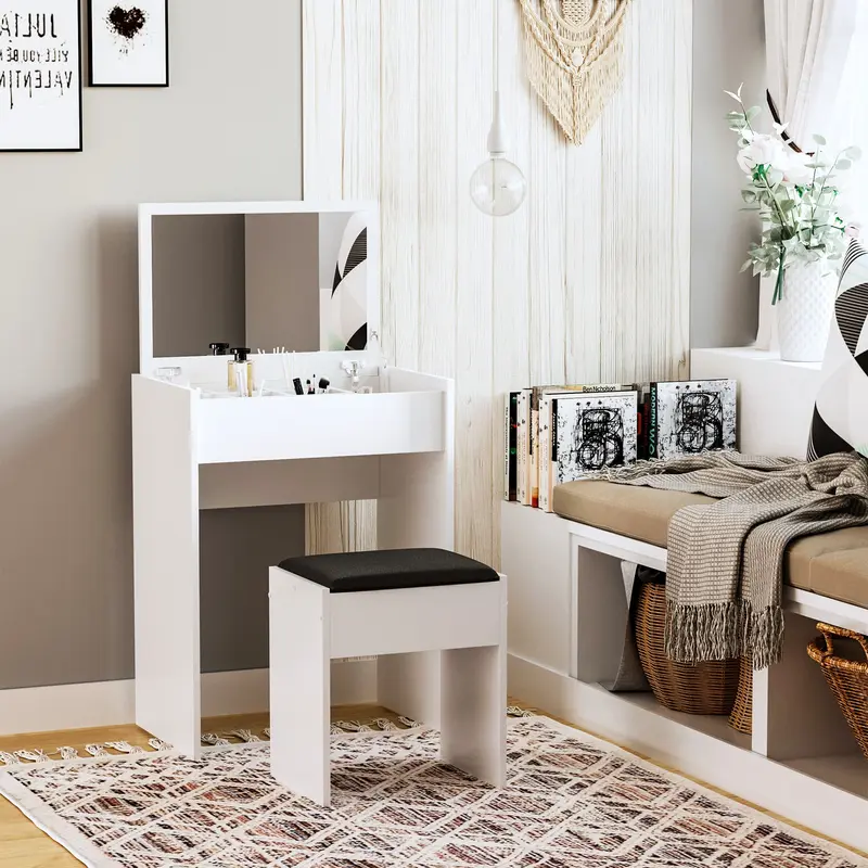HOMCOM Dressing Table with Mirror and Stool, Vanity Makeup Table with Flip Up Mirror, Vanity Desk with Storage Unit and Padded Seat, White 1